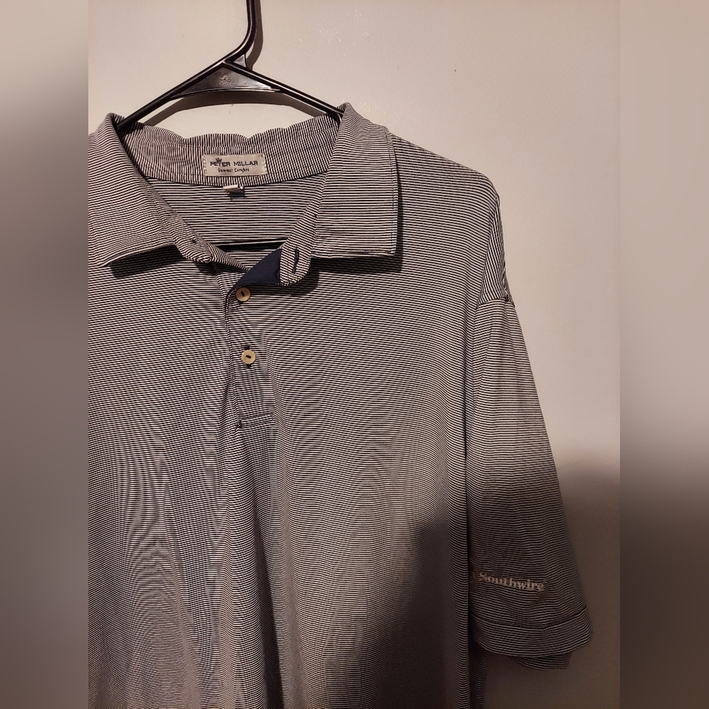 Peter Millar Summer Comfort Polo Shirt Size XL Blue Stripe Southwire Logo Golf